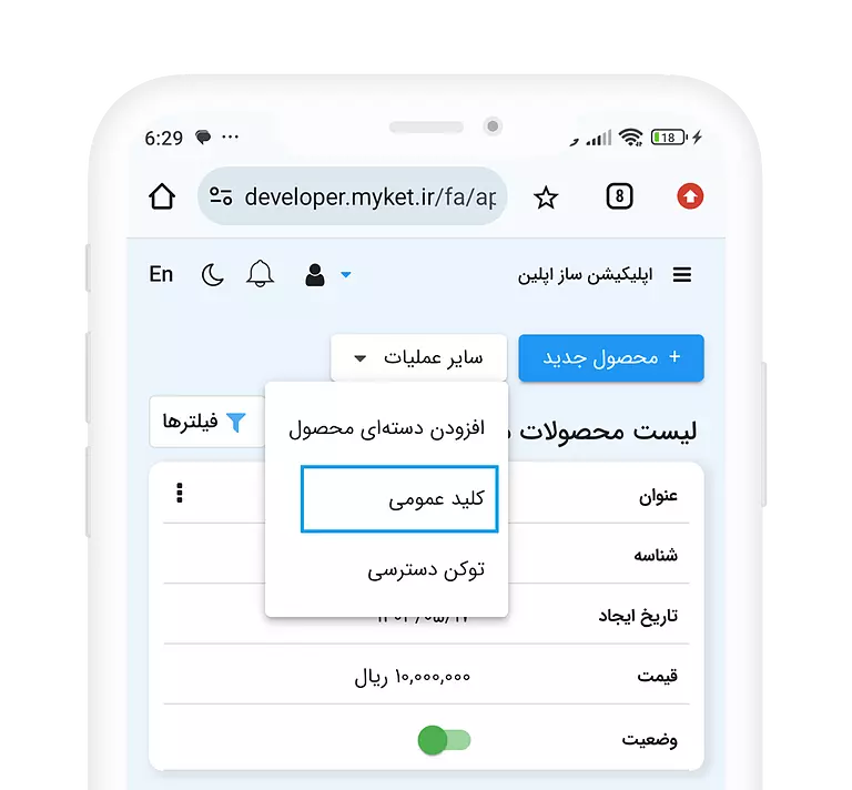 کپی کردن کلید عمومی درون پرداخت برنامه ای